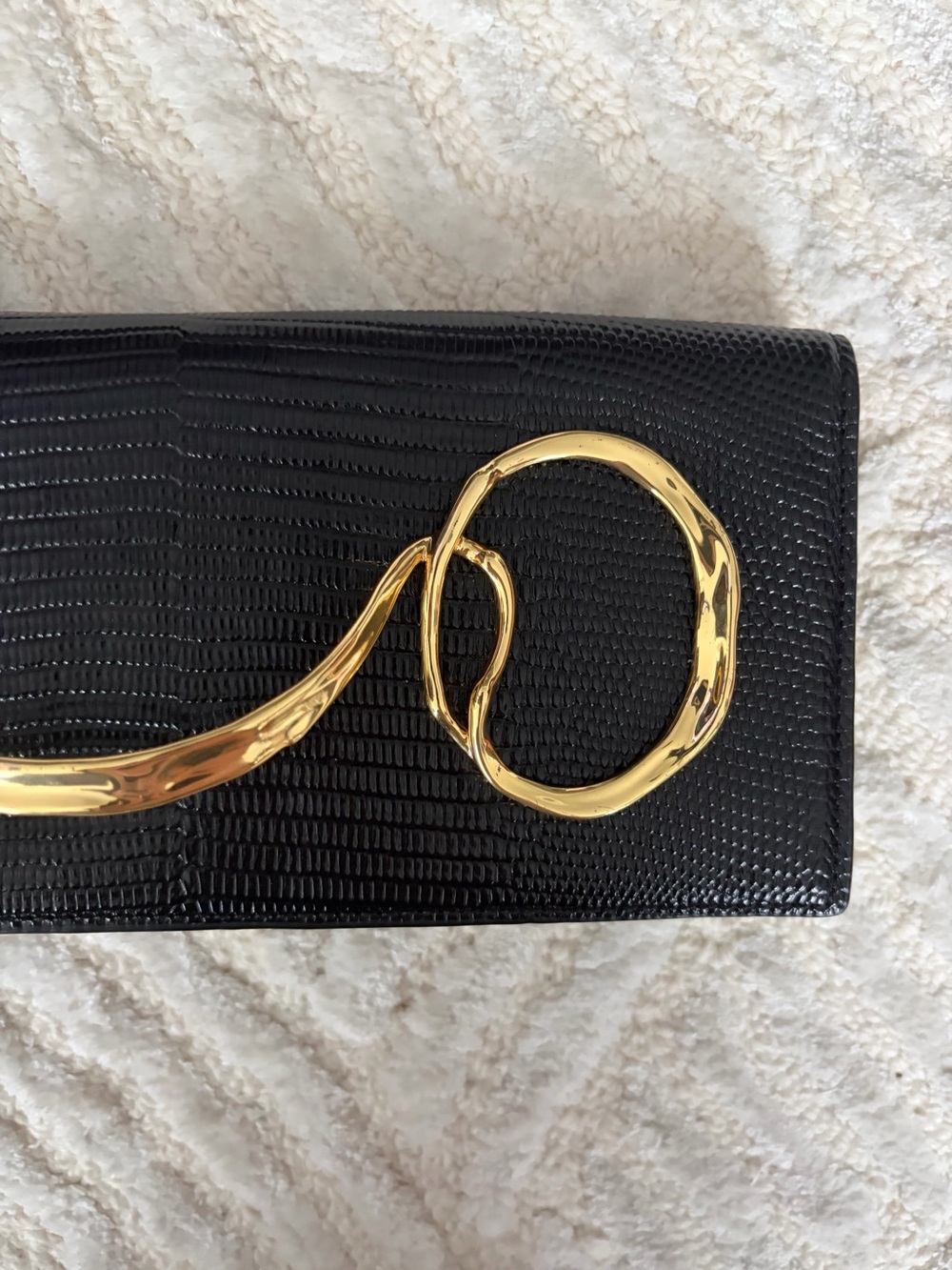 NWT Alexis Bittar Clutch | Black Lizard-Embossed Purse with Gold Metal Twist - Picture 17 of 17